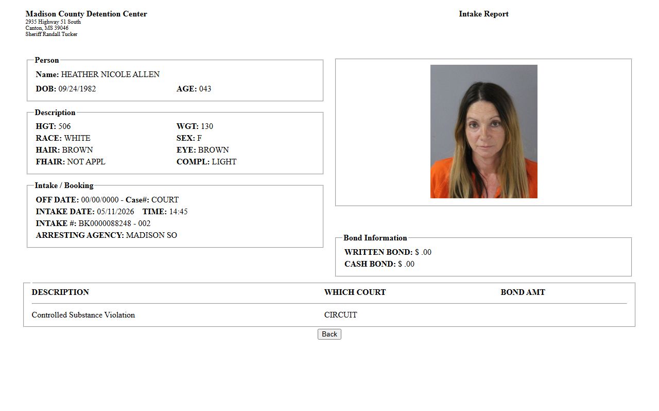 Madison County inmate detail profile with booking and bond fields
