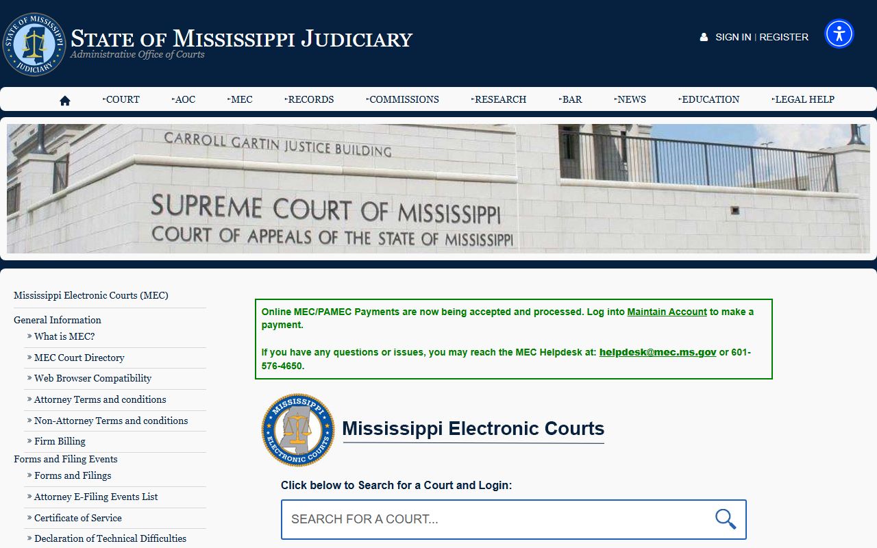 Mississippi Electronic Courts PAMEC access for Madison County court records